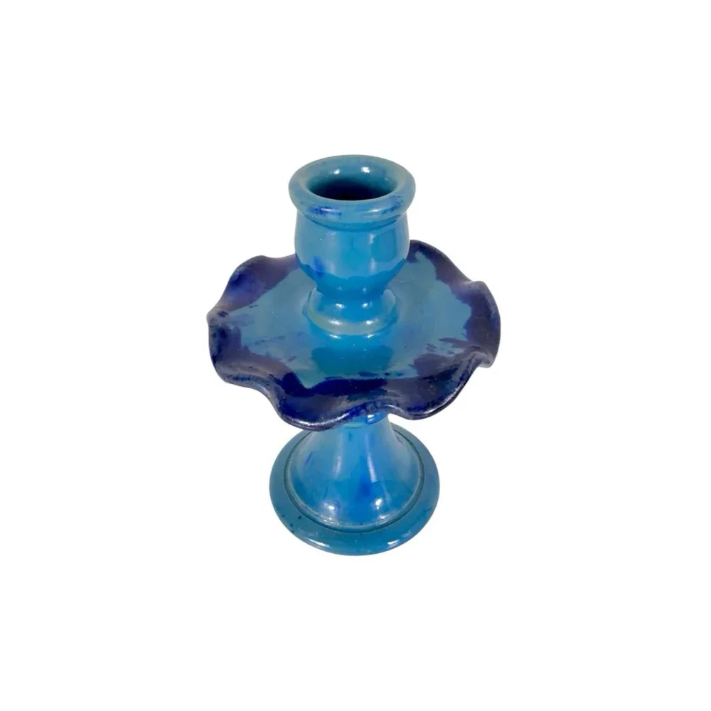 Handmade Vintage Blue Ceramic Studio Pottery Candlestick Ruffled Scalloped Taper